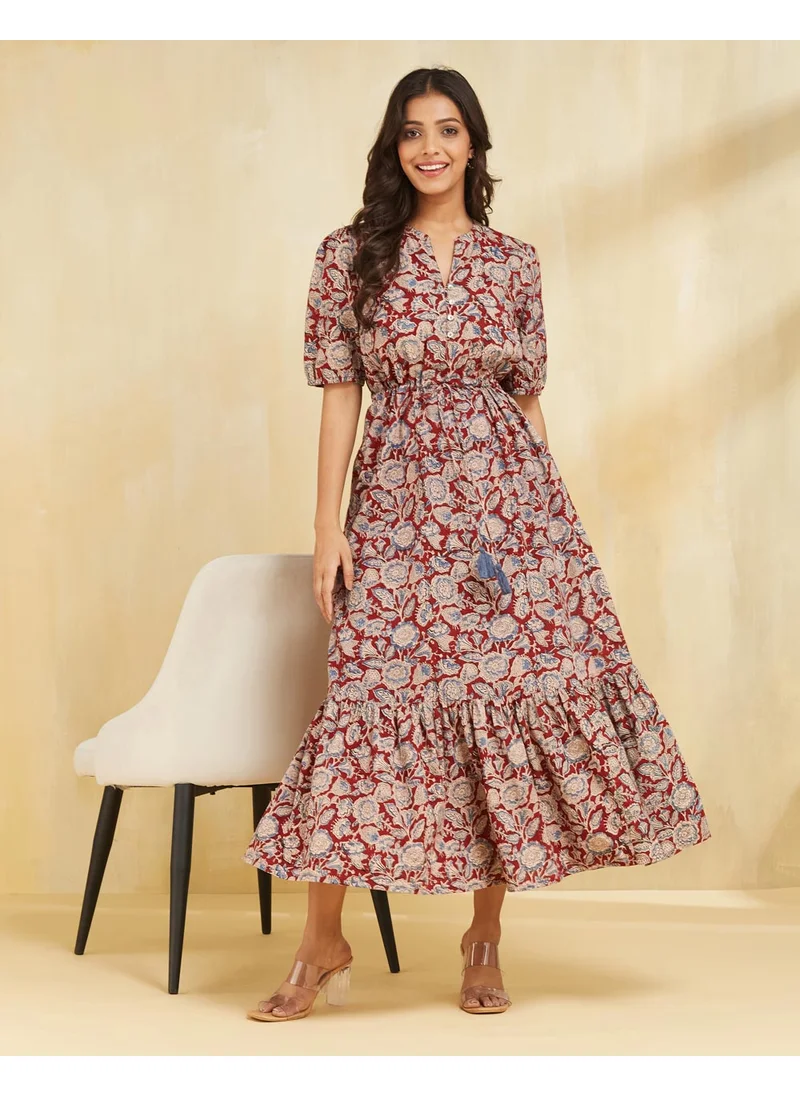 فاب انديا Red Cotton Kalamkari Printed Maxi