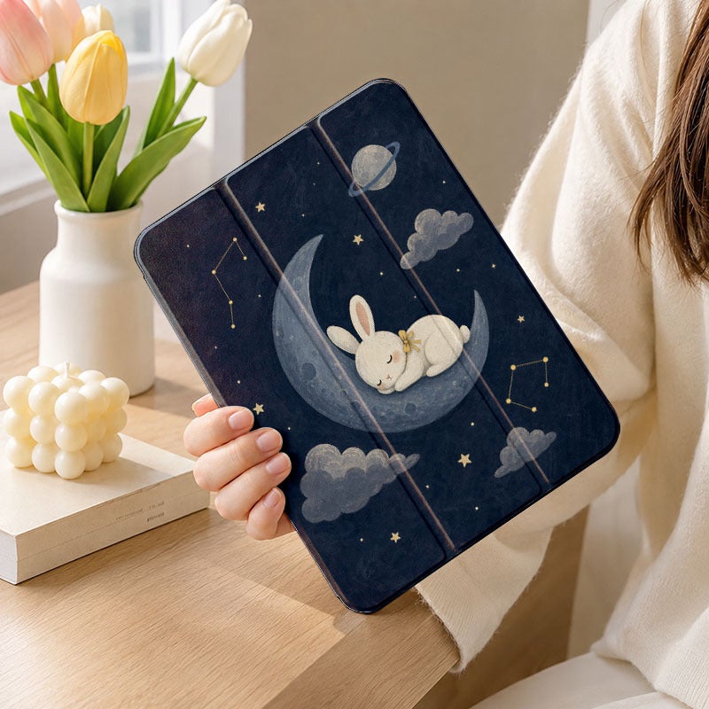 Tablet Case for iPad, Moon Bunny Clouds Stars, iPad Clear Case for Mini Air Pro 4 5 6 7 8 9 10 11 12, Suitable for 7.9 8.3 9.7 10.2 10.5 10.9 11 12.9 13 inch Lightweight Clear Protective with Stand - Image 1