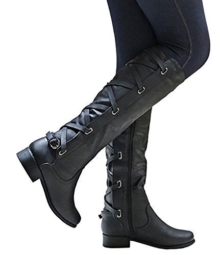 Syktkmx Womens Strappy Motorcycle Knee High Boots Winter Lace Up Riding Flat Low Heel Shoes Black Size 95 - Image 3