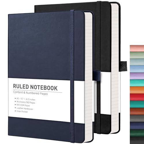 RETTACY Lined Journal Notebook, 2-Pack, 192 Numbered Pages per Pack, A5 Medium Size (5.7'' x 8.3''), for Men & Women, Writing, Work, Leather Hardcover, 100 GSM Thick Paper (Black & Navy Blue) - Image 1
