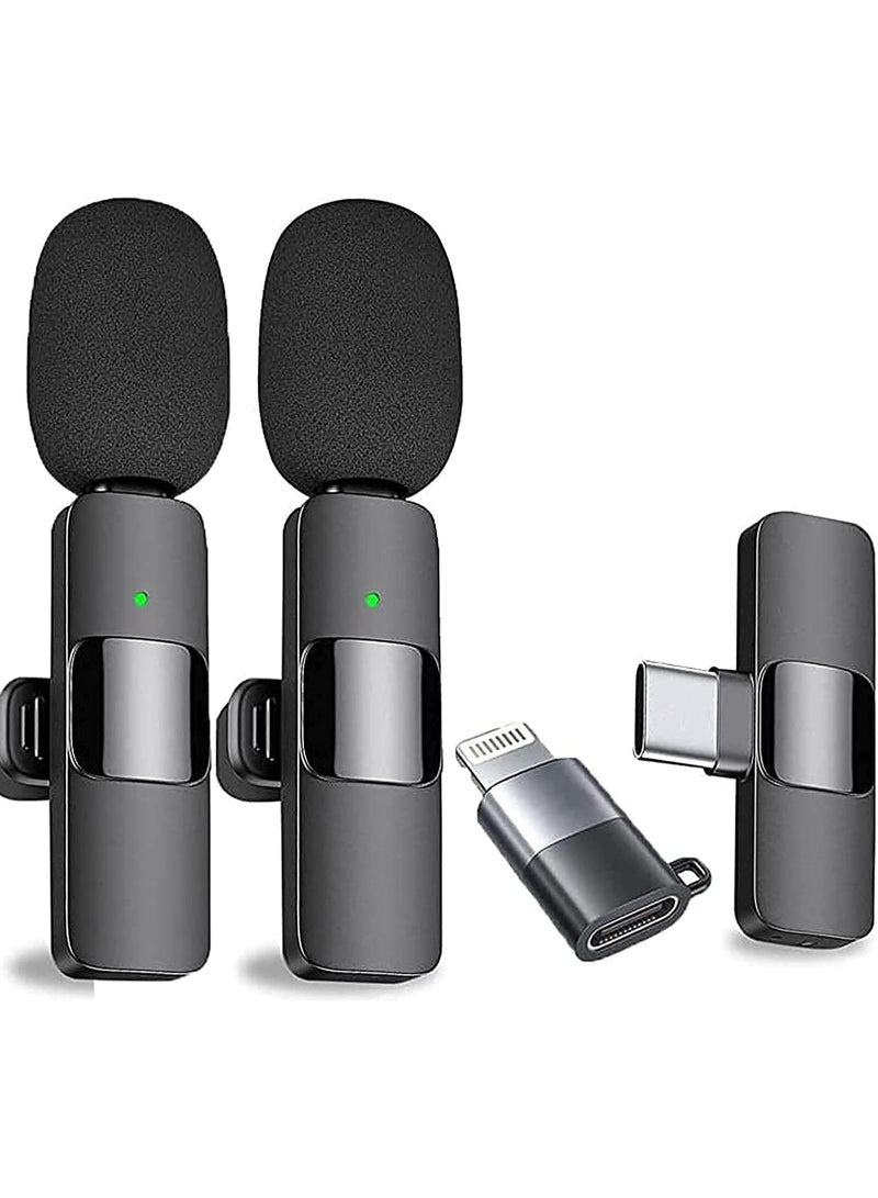 K9 Wireless Dual Microphone , Digital Mini Portable Recording Clip Mic with Receiver for All Type-C Mobile Phones and converter Lightning - Black - Image 1