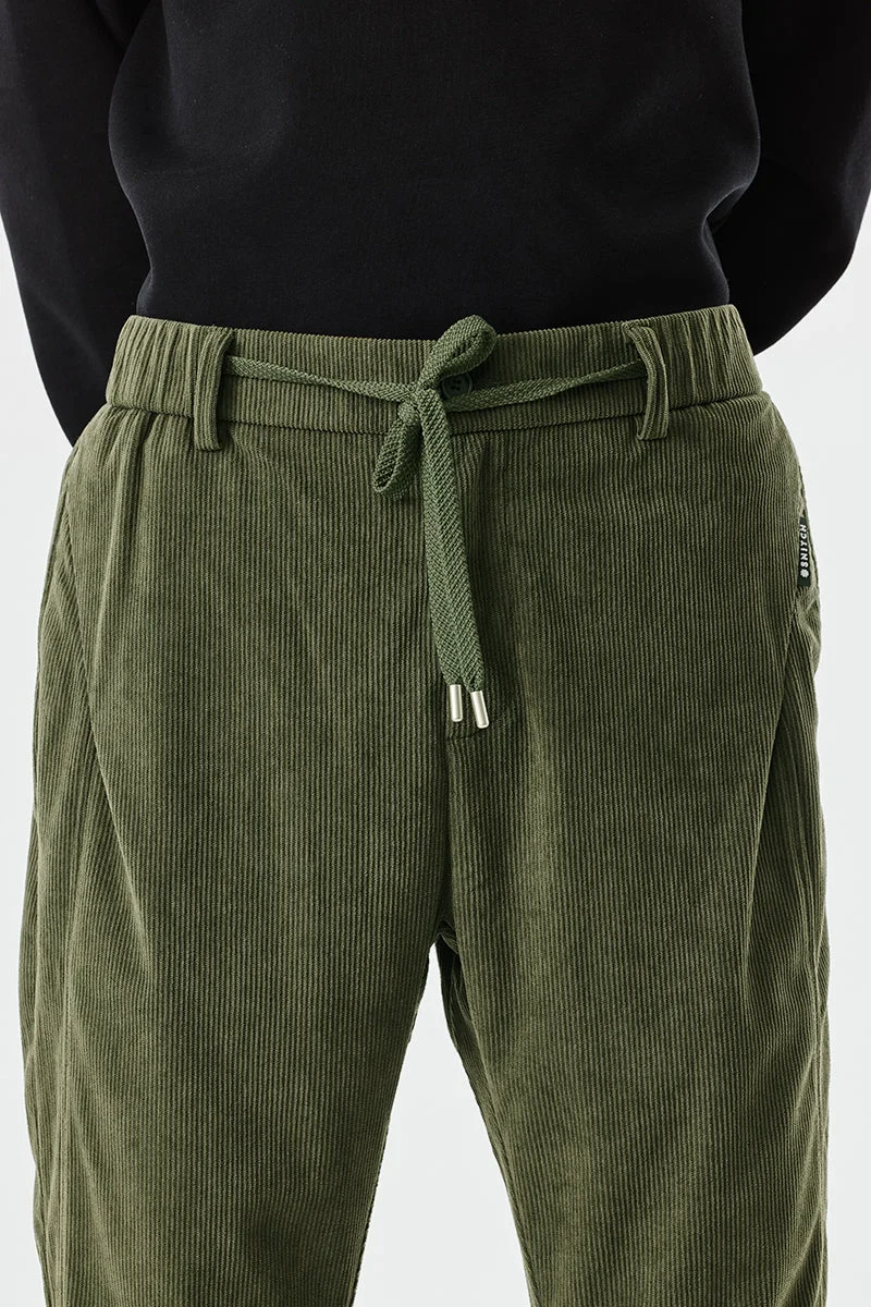 Snitch Olive Relaxed Fit Corduroy Trousers for Men | Best Price UAE