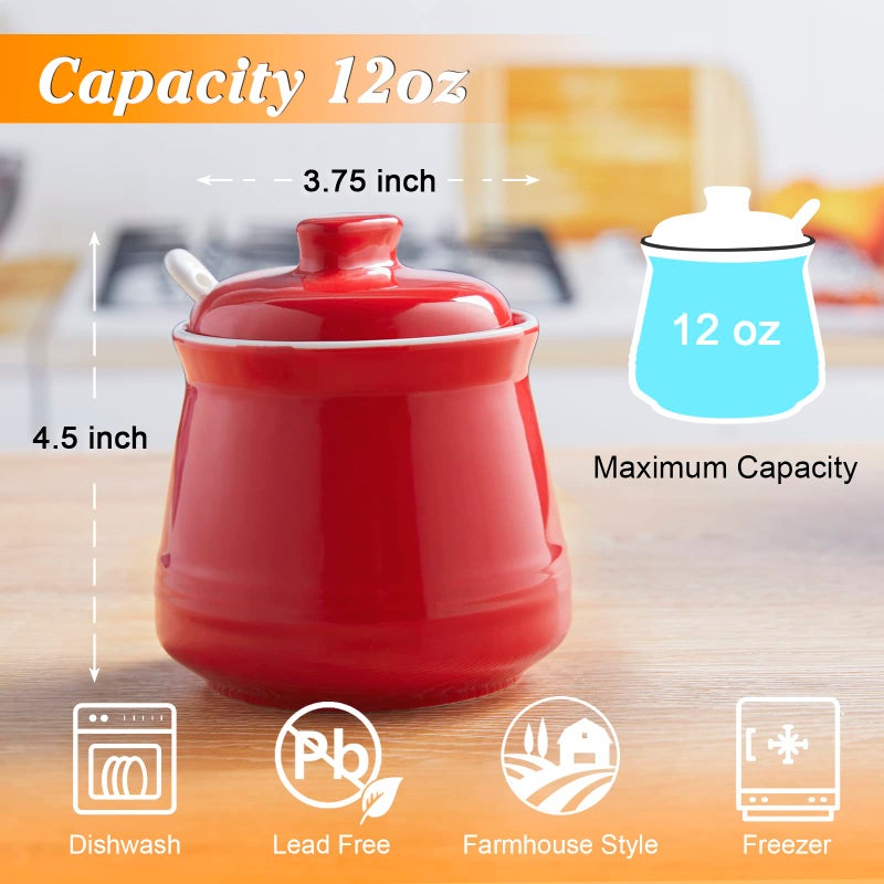 DAYYET Sugar Bowl with Lid and Spoon, 12 oz Ceramic Sugar Bowl with Spoon, Sugar Container for Coffee Bar, Sugar Jar Sugar Dispenser Bowl, Red Kitchen Decor and Accessories - Image 2