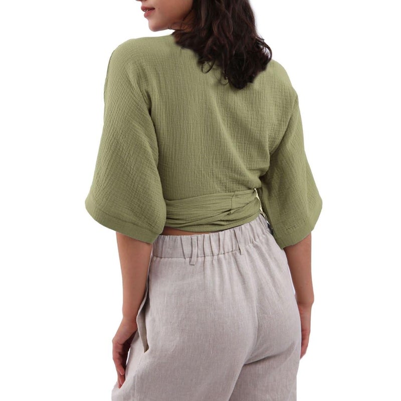 Amazhiyu Womens Summer Short Sleeve Crop Tops Cotton V Neck Self Tie Wrap Blouse Green, Small - Image 3