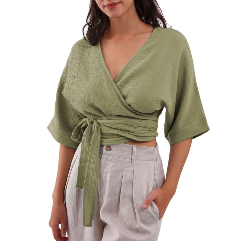 Amazhiyu Womens Summer Short Sleeve Crop Tops Cotton V Neck Self Tie Wrap Blouse Green, Small - Image 1