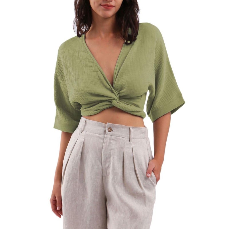Amazhiyu Womens Summer Short Sleeve Crop Tops Cotton V Neck Self Tie Wrap Blouse Green, Small - Image 4
