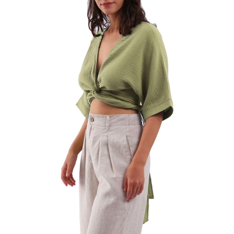 Amazhiyu Womens Summer Short Sleeve Crop Tops Cotton V Neck Self Tie Wrap Blouse Green, Small - Image 2