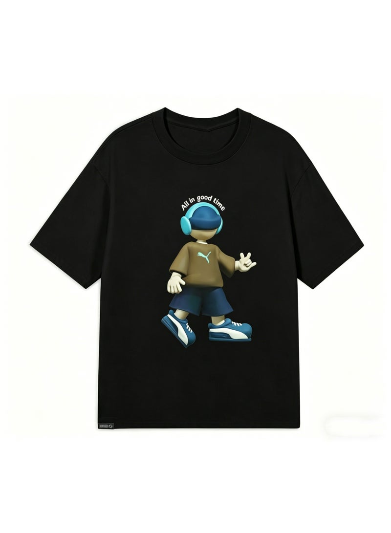 Puma "All in Good Time" 3D Cartoon Character Black Cotton T-Shirt-L - Image 3