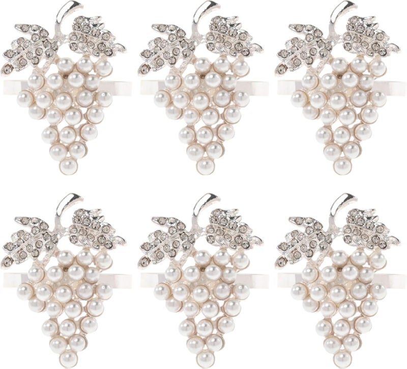 مجموعة من 6 حلقات مناديل على شكل عنب، مصنوعة من سبيكة معدنية مزينة باللؤلؤ الصناعي، لتزيين طاولة الطعام، لون فضي