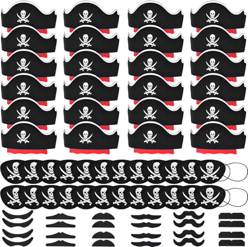 Halatool 72 Pcs Halloween Pirate Party Set for Kids 24 Pirates Hats with 24 Eye Patches and 24 Mustaches Pirate Costume Accessories Bulk for Halloween Masquerade Cosplay Party Favors Decor - Image 1