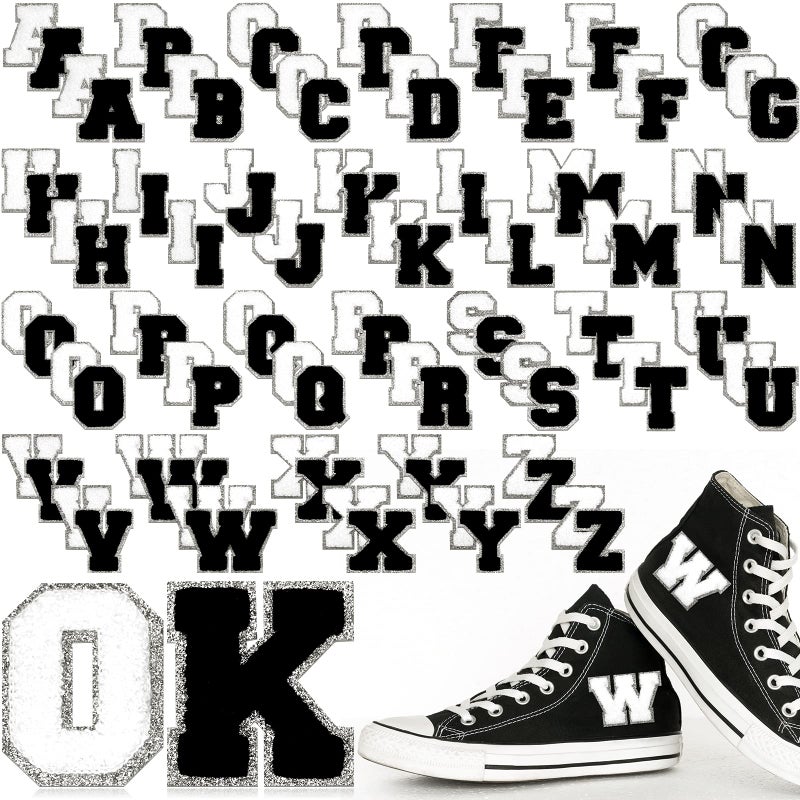 Jutom 104 Pcs Chenille Letter Patches Iron on Letters Patches Self Adhesive Chenille Embroidered Patch for ClothingRetroSilver Edge