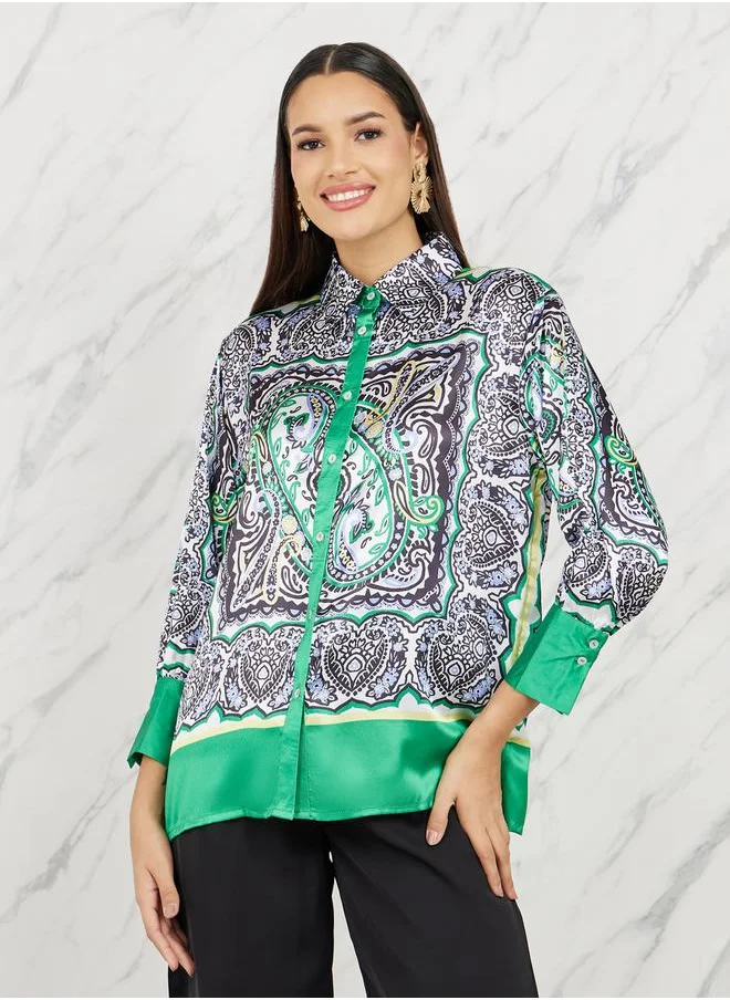 ستايلي Satin Oversized Paisley Print Shirt