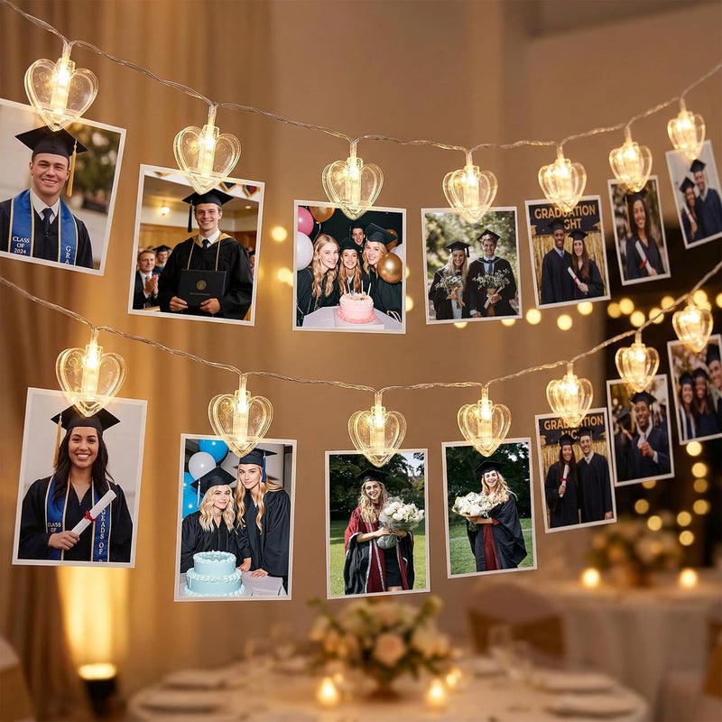 9.85Ft 20 Heart-Shaped Photo String with Clips for Hanging Pictures | Clear Photo Clip Lights for Indoor/Outdoor Wall Bedroom Wedding Birthday Party Home Decorations (Heart) - Image 1