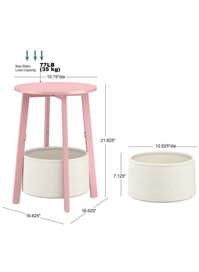 sthmec Small Round Side End Table with Cloth Storage Basket, Round Bedside Sofa Couch Coffee Tables for Small Places with Metal Frame, Modern Nighstands for Living Room Bedroom, Pink - Image 3