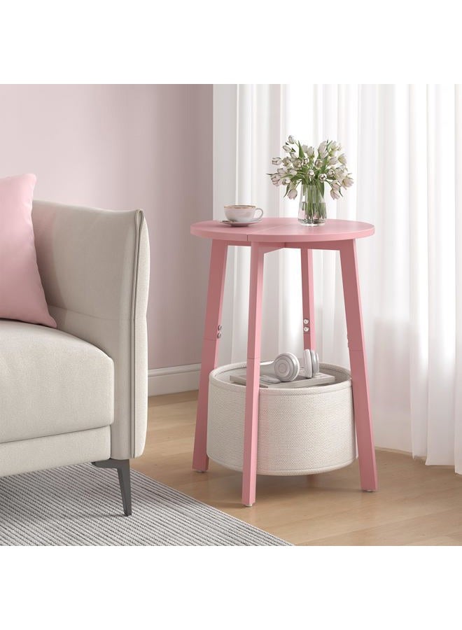 sthmec Small Round Side End Table with Cloth Storage Basket, Round Bedside Sofa Couch Coffee Tables for Small Places with Metal Frame, Modern Nighstands for Living Room Bedroom, Pink - Image 2