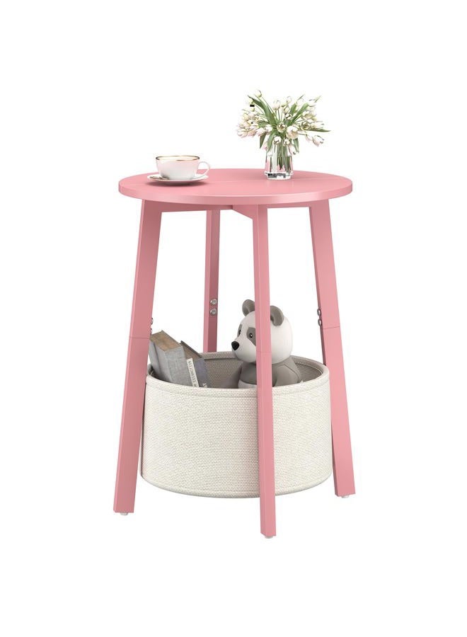 sthmec Small Round Side End Table with Cloth Storage Basket, Round Bedside Sofa Couch Coffee Tables for Small Places with Metal Frame, Modern Nighstands for Living Room Bedroom, Pink - Image 1