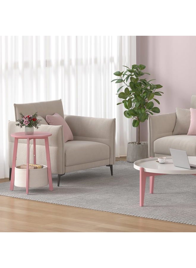 sthmec Small Round Side End Table with Cloth Storage Basket, Round Bedside Sofa Couch Coffee Tables for Small Places with Metal Frame, Modern Nighstands for Living Room Bedroom, Pink - Image 5