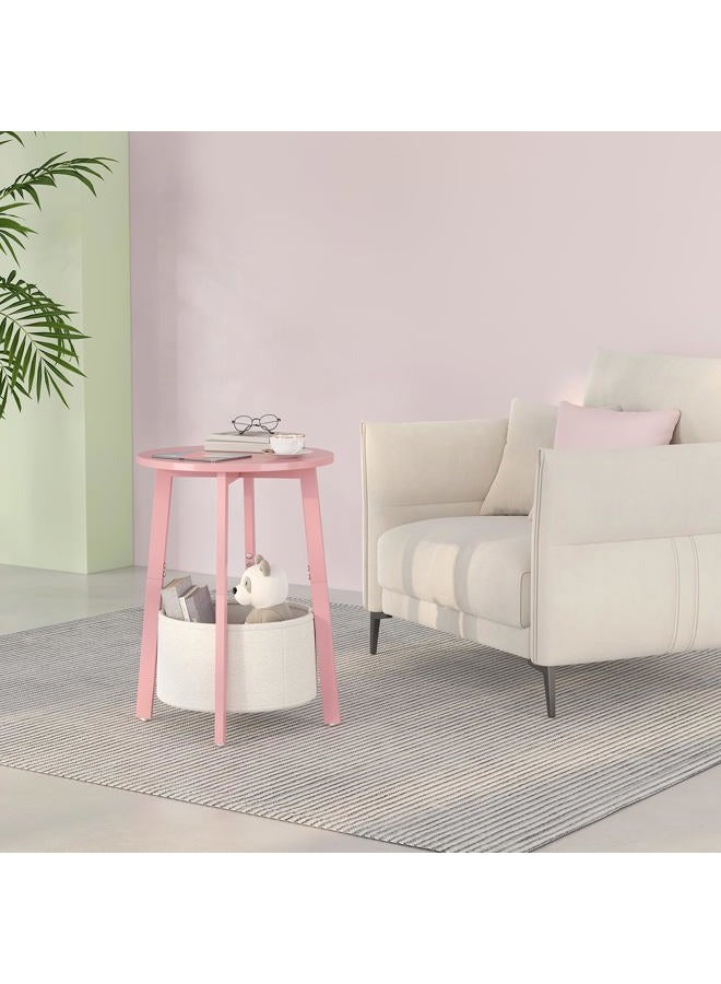 sthmec Small Round Side End Table with Cloth Storage Basket, Round Bedside Sofa Couch Coffee Tables for Small Places with Metal Frame, Modern Nighstands for Living Room Bedroom, Pink - Image 4