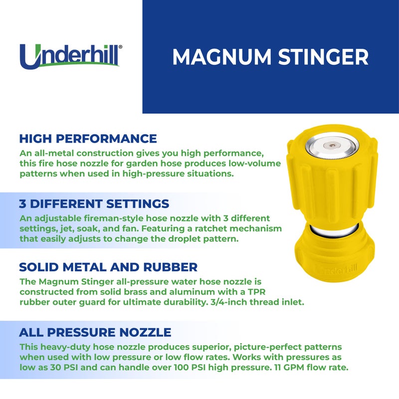 Underhill Magnum Stinger Fireman Style Garden Hose Nozzle NG400 â€“ Heavy Duty Solid Brass Water Spray Nozzle, 11 GPM, 30â€“100 PSI, 3/4 Inch Thread Inlet, Jet Soak Fan Patterns, Professional Grade - Image 3
