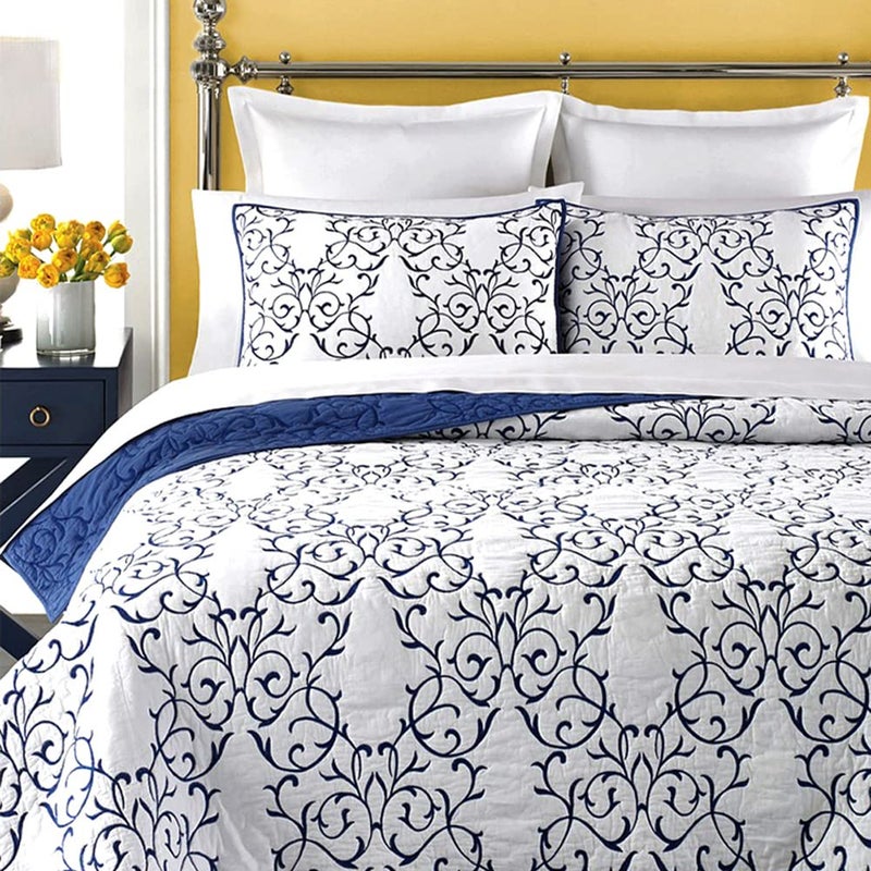mixinni Reversible King Quilt 3Piece Blue Embroidery Pattern Elegant Quilt Set with Embroidered Decorative Shams Soft Cotton King Size BedspreadCoverlet SetKing Blue