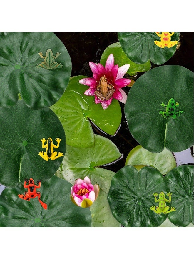 Plastic Frogs Set Includes 24 Pieces Tiny Plastic Frog and 12 Pieces Artificial Floating Lotus Leaves for Pond Pool Decoration Party Supplies  - Image 3