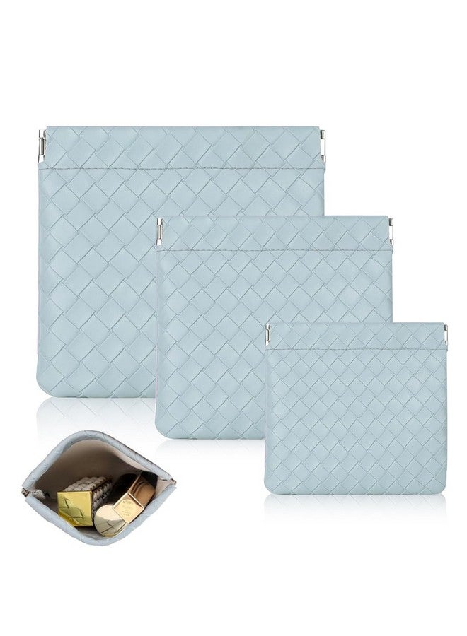 MAYCREATE® 3Pcs Makeup Pouch for Travelling 3 Sizes Small Makeup Pouches for Women Weave Cosmetic Bags for Women PU Purse Organizer for Coin Lipstick Jewelry - Blue - Image 1