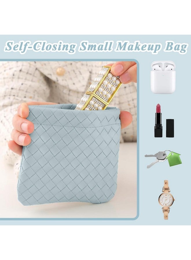 MAYCREATE® 3Pcs Makeup Pouch for Travelling 3 Sizes Small Makeup Pouches for Women Weave Cosmetic Bags for Women PU Purse Organizer for Coin Lipstick Jewelry - Blue - Image 5