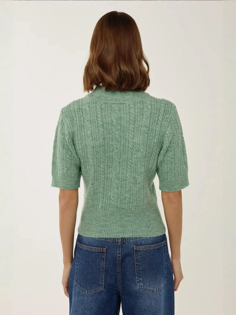 HICCUP Green Short Sleeve Half Turtleneck Hair Braid Knit Sweater for Women | Best Price UAE
