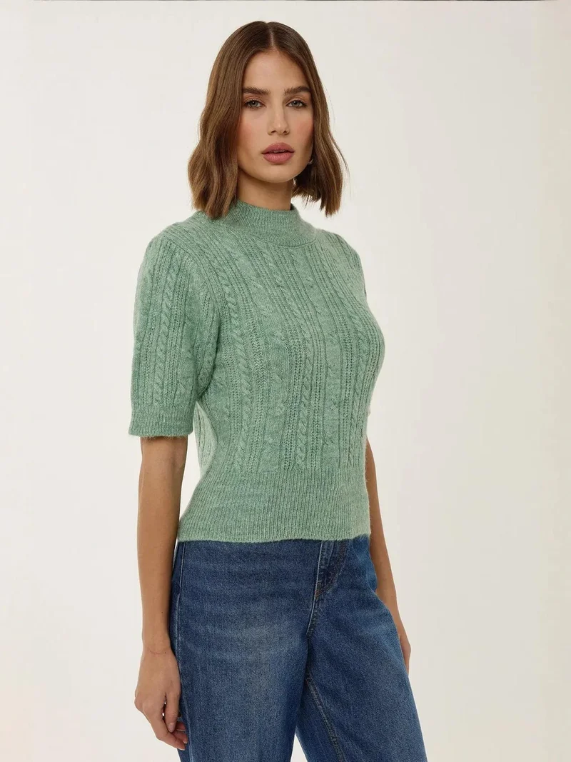 HICCUP Green Short Sleeve Half Turtleneck Hair Braid Knit Sweater for Women | Best Price UAE