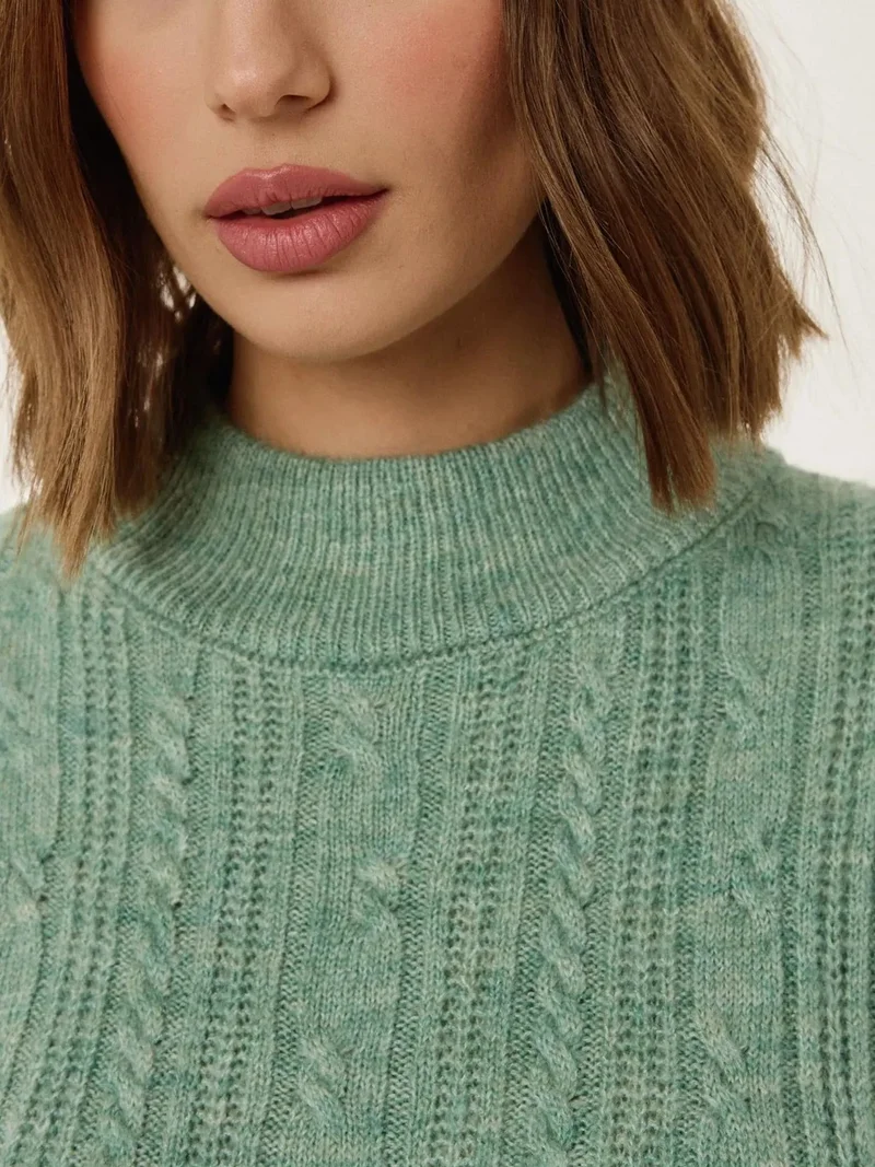 HICCUP Green Short Sleeve Half Turtleneck Hair Braid Knit Sweater for Women | Best Price UAE