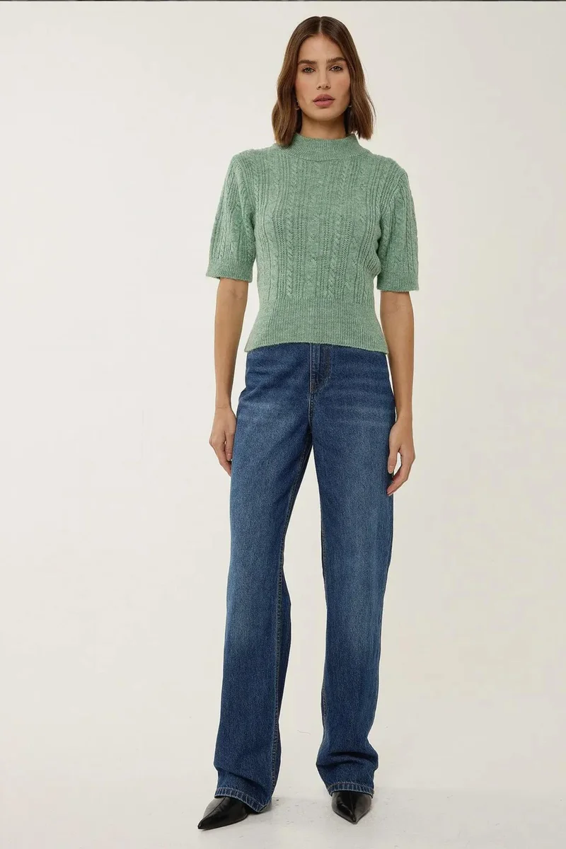 Hiccup Short Sleeve Half Turtleneck Hair Braid Knit Sweater