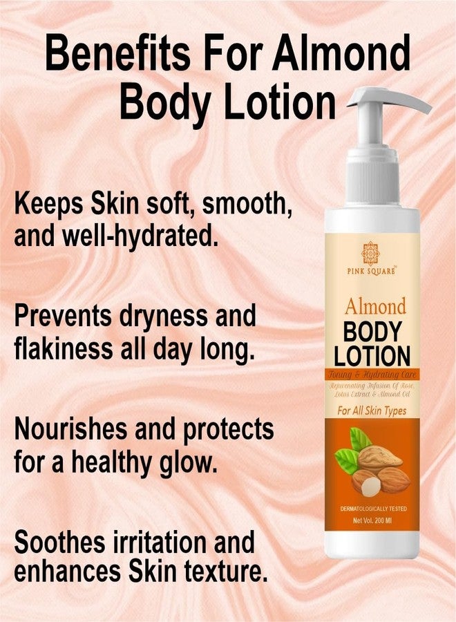 Pink Square Almond Body Lotion – 200ml | Deep Moisturizing Lotion with Natural Almond Extracts | Nourishing Skin Care for Soft, Smooth & Radiant Skin | Daily Hydration | Pack of 1 - Image 2