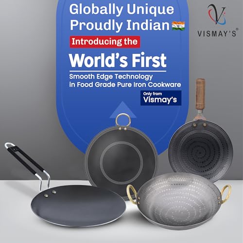 VISMAY'S 6 Litre 14 Inch Food Grade Iron Kadhai Wok Frypan Lohe ki Kadai Smooth Edges Riveted Handles Deep Frying, Roasting Metal Spoon Friendly Traditional Indian Cooking Durable Kitchen Cookware - Image 3