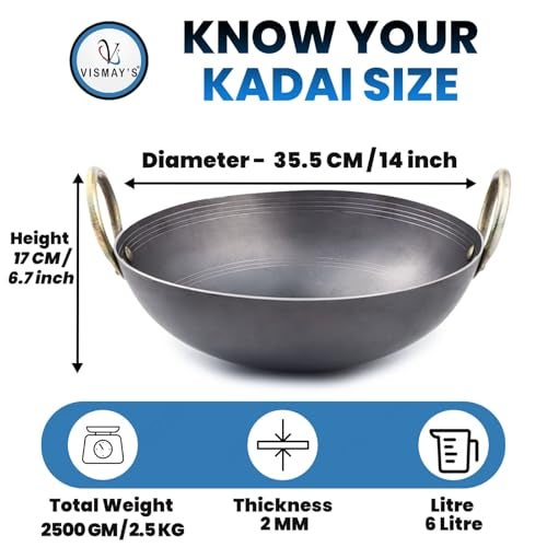 VISMAY'S 6 Litre 14 Inch Food Grade Iron Kadhai Wok Frypan Lohe ki Kadai Smooth Edges Riveted Handles Deep Frying, Roasting Metal Spoon Friendly Traditional Indian Cooking Durable Kitchen Cookware - Image 2