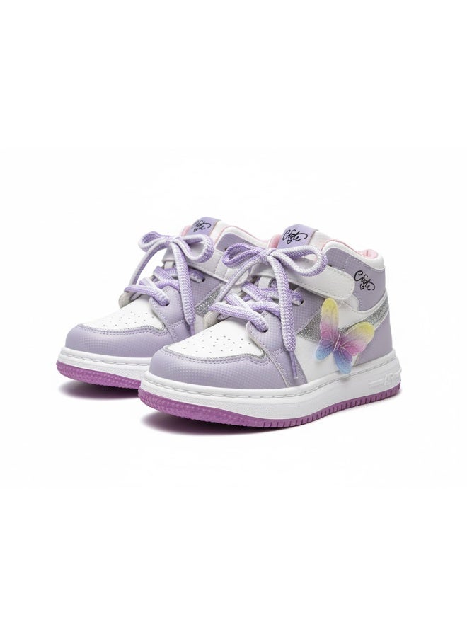 سنيكرز بناتي برقبة عالية بتصميم فراشة مرح, نعل مبطن مريح مع رباط وحزام تثبيت، خامات متينة للاستخدام اليومي