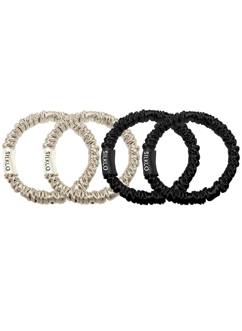 إيلور إيلاور سيلكلو ربطات شعر حريرية، 100% من حرير التوت النقي 22 موميه، مضادة لتساقط الشعر، لا تسبب تكسر الشعر، مضادة للتجعد والتجعيد، 4 قطع (أسود، شامبين) - Image 1