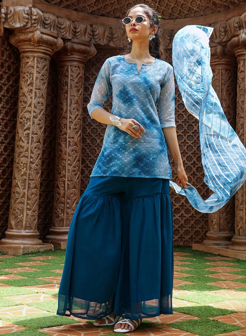 QISSA Women's Indigo Blue Tie-Dye Kurti With Palazzo And Dupatta