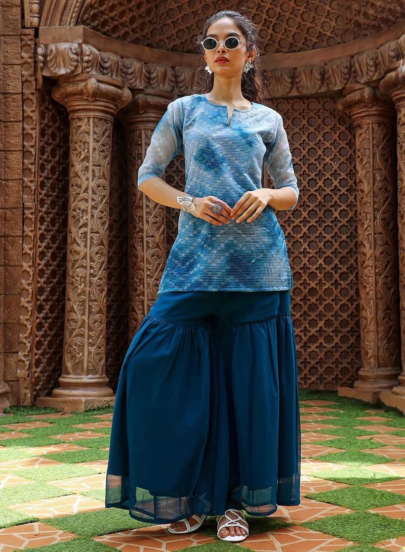 QISSA Women's Indigo Blue Tie-Dye Kurti With Palazzo And Dupatta