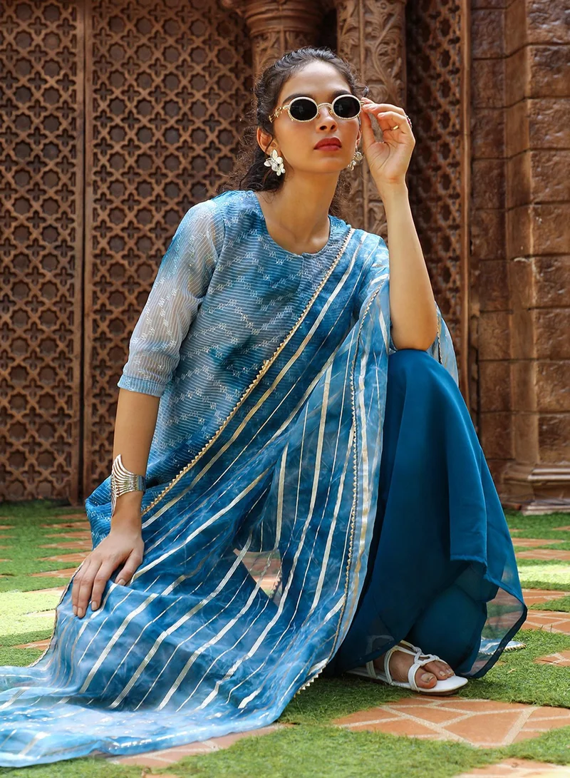 Qissa  Women's Indigo Blue Tie-Dye Kurti With Palazzo And Dupatta for Women | Best Price UAE
