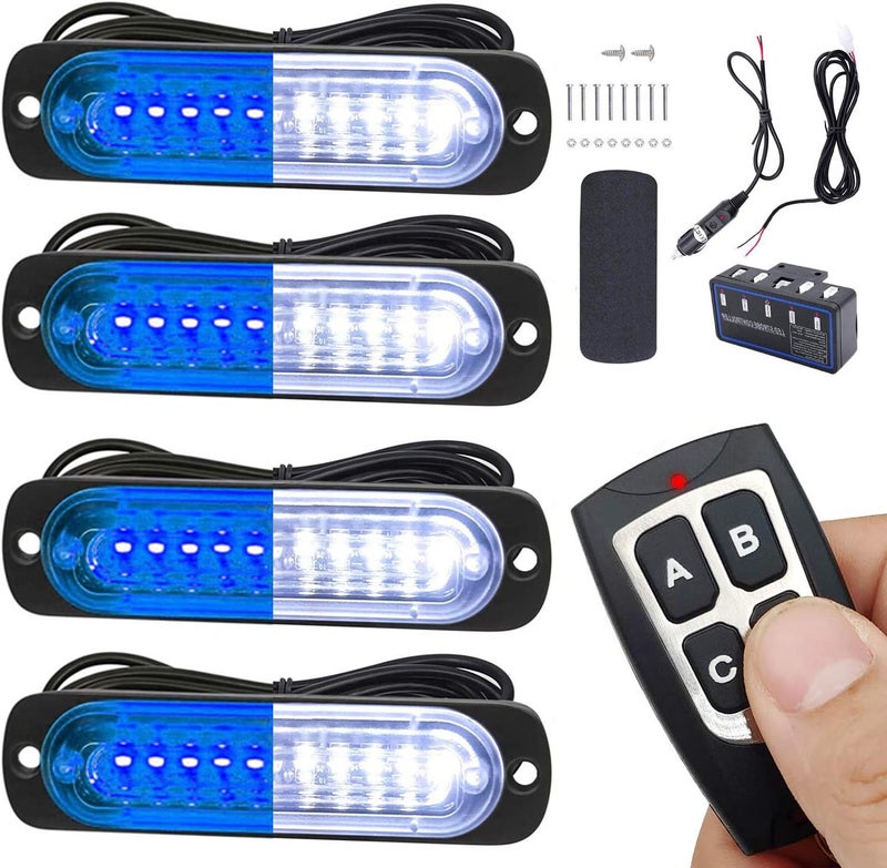 EASE2U E أضواء تحذير LED، 4 قطع تحذير طارئ، تحذير خطر، بناء، تصميم فائق النحافة، ميزة التزامن، سيارة، شاحنة مع صندوق تحكم رئيسي، تركيب سطحي (أبيض أزرق) - Image 1