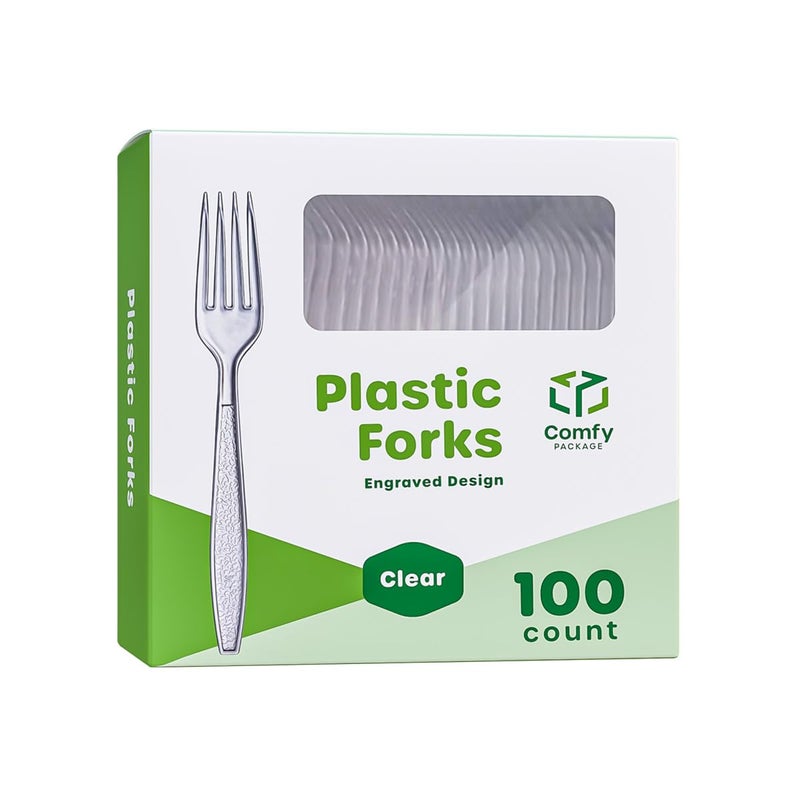 Gusto Comfy Package 100 Pack Heavyweight Clear Plastic Forks with Engraved Design  Disposable Sturdy Plastic Utensils for Parties Weddings and Events