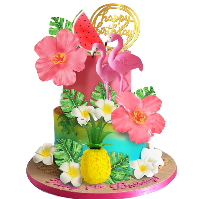 DRWATE Flamingo Cake Toppers Summer Cake Decorations Pineapple and Hibiscus Flower Palm Leaf Cake Toppers for Tropical Hawaiian Beach Luau Themed Birthday Supplies Style 1 - Image 2