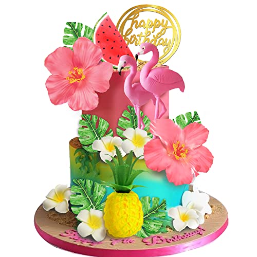 DRWATE Flamingo Cake Toppers Summer Cake Decorations Pineapple and Hibiscus Flower Palm Leaf Cake Toppers for Tropical Hawaiian Beach Luau Themed Birthday Supplies Style 1 - Image 1