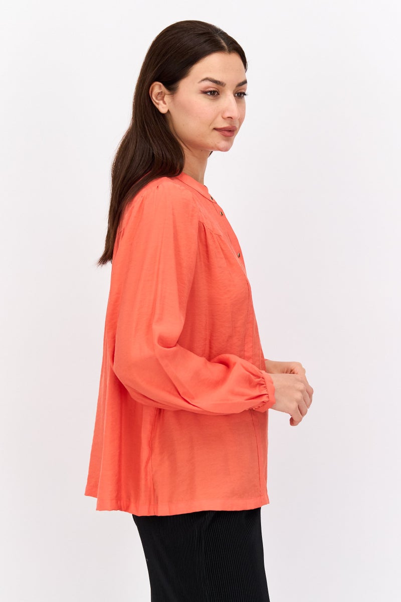 Scotch & Soda Women Band Collar Long Sleeve Pain Blouse, Red - Image 2