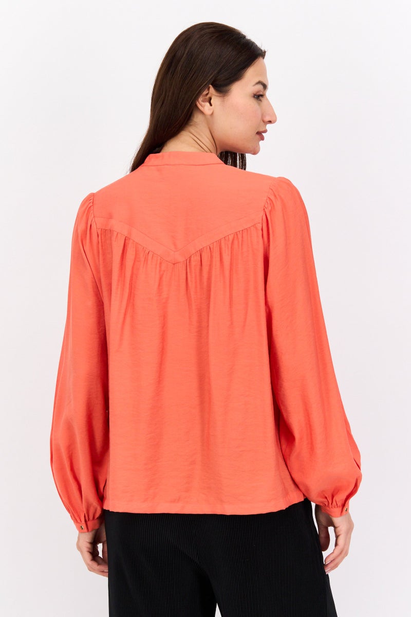 Scotch & Soda Women Band Collar Long Sleeve Pain Blouse, Red - Image 3