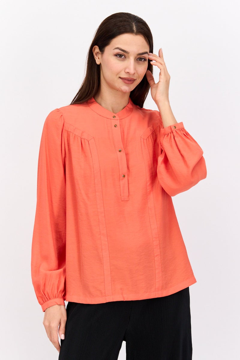 Scotch & Soda Women Band Collar Long Sleeve Pain Blouse, Red - Image 1