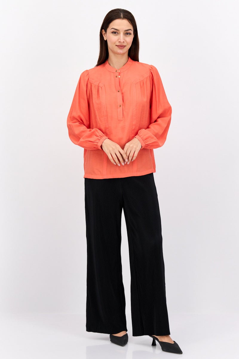 Scotch & Soda Women Band Collar Long Sleeve Pain Blouse, Red - Image 4