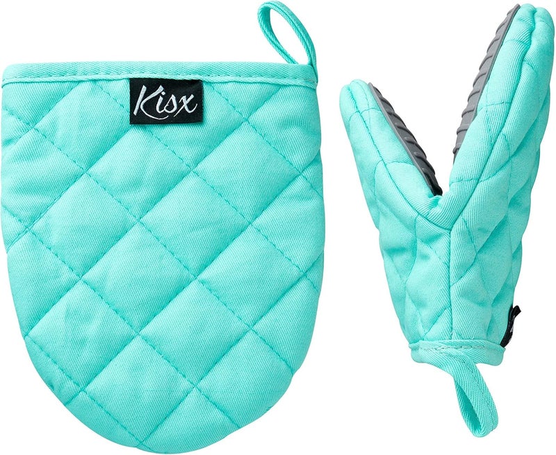 Kisx Oven Mitts Heat Resistant – (Aqua Color) Mini Oven Mitts, Silicone Gloves Heat Resistant, Kitchen Gloves for Cooking, Silicone Oven Mitts & Pot Holders Sets, Kitchen Pot Holders & Oven Mitts Sets - Image 1