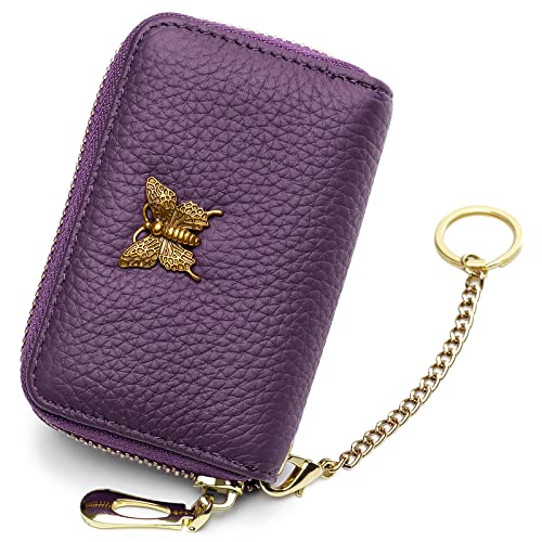imeetu RFID Credit Card Holder for Women Genuine Leather Card Case Wallet with Zipper and Removable Keychain (Purple) - Image 1