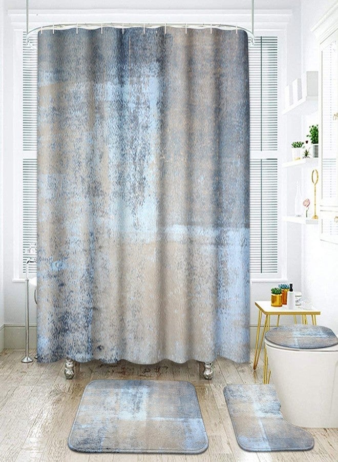 ArtSocket 4 Pcs Shower Curtain Set Abstract Blue Bathroom Set with Shower Curtain and Rugs Beige Grey Blue Brown Modern with Non-Slip Rugs Toilet Lid Cover and Bath Mat Bathroom - Image 1